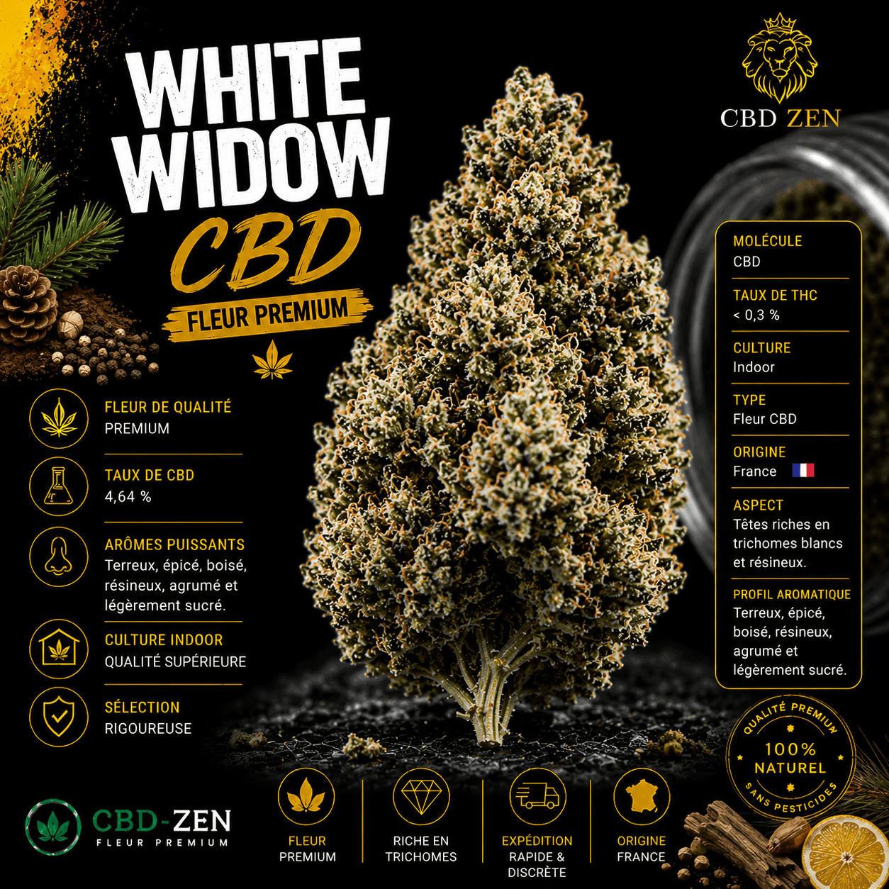 White Widow CBD 4,64 % fleur premium Indoor aux arômes terreux et épicés