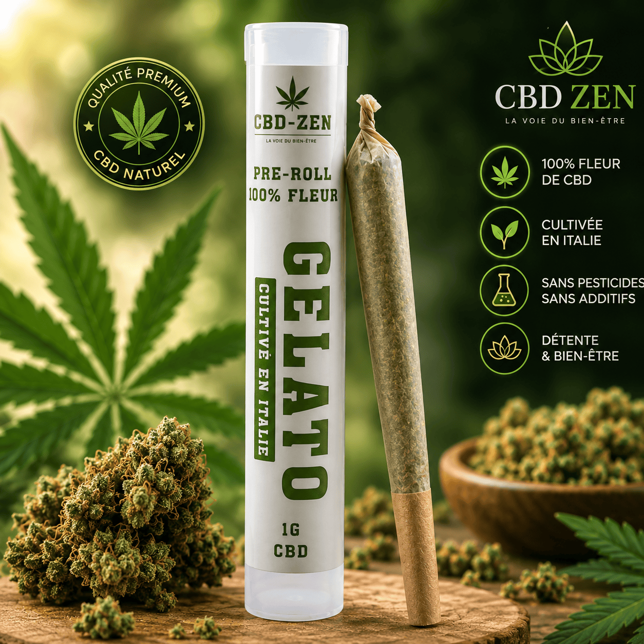 Pré-roll CBD-ZEN Gelato 1 g – fleur CBD cultivée en Italie