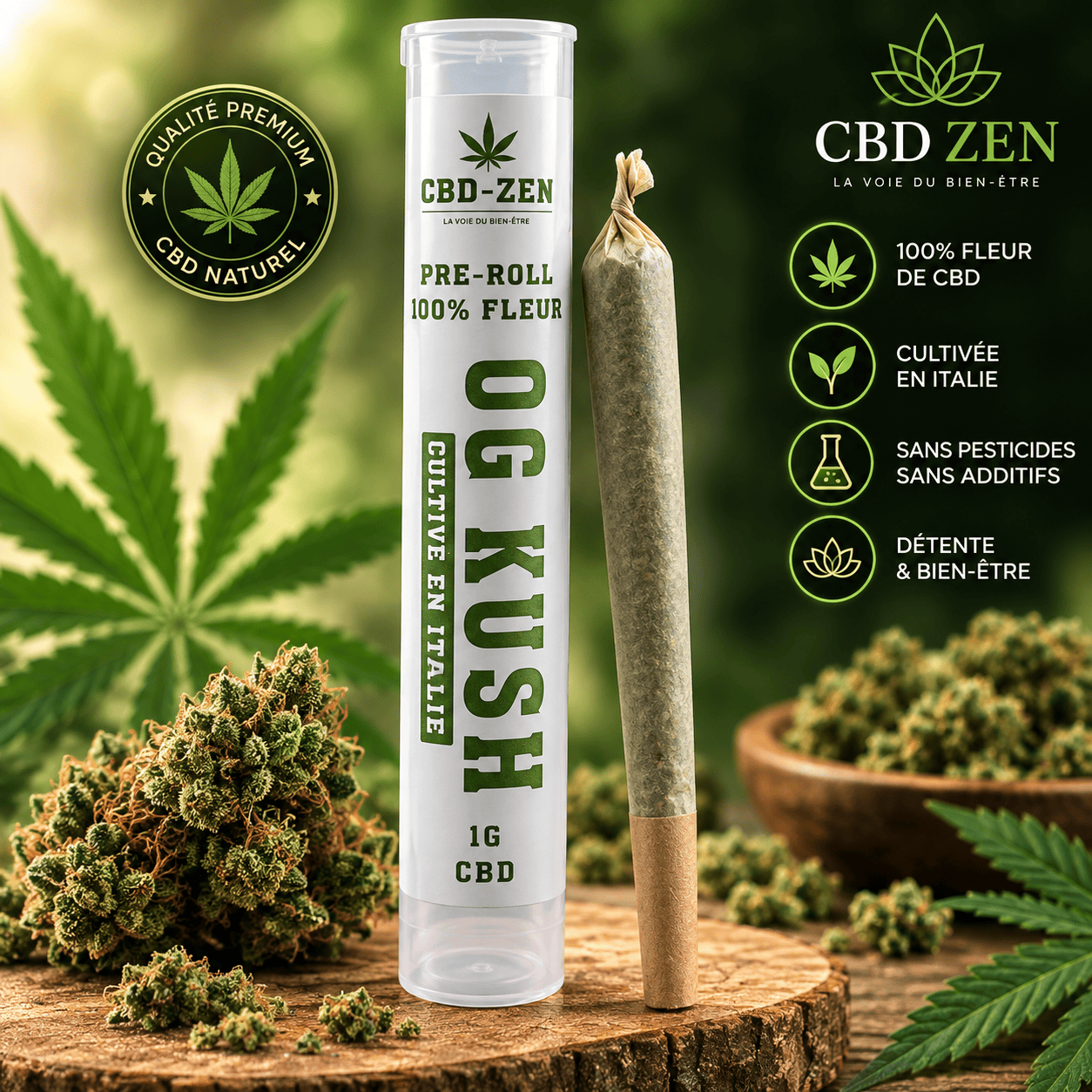 Pré-roll CBD-ZEN OG Kush 1 g – fleur CBD cultivée en Italie