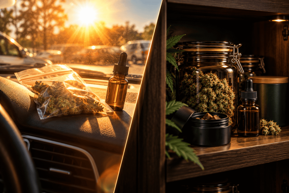 CBD exposé à la chaleur dans une voiture et produits correctement conservés dans un placard
