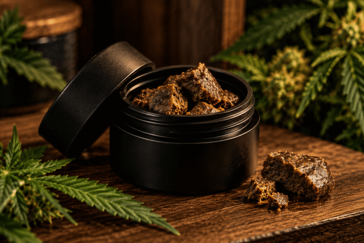 Résine conservée dans un contenant hermétique à l’abri de la chaleur et de l’humidité