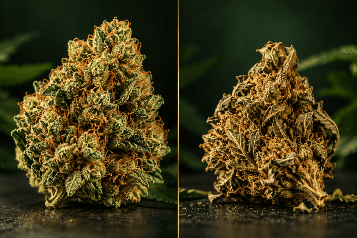 Comparaison entre une fleur de CBD correctement conservée et une fleur trop sèche et altérée