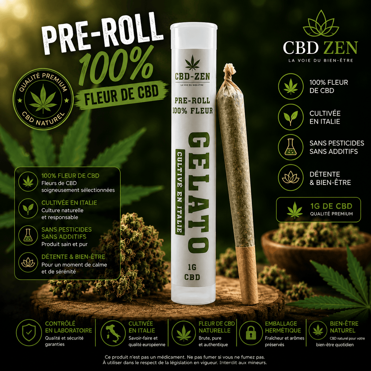 Gelato Pre-Roll CBD 1 g en fleur CBD cultivée en Italie