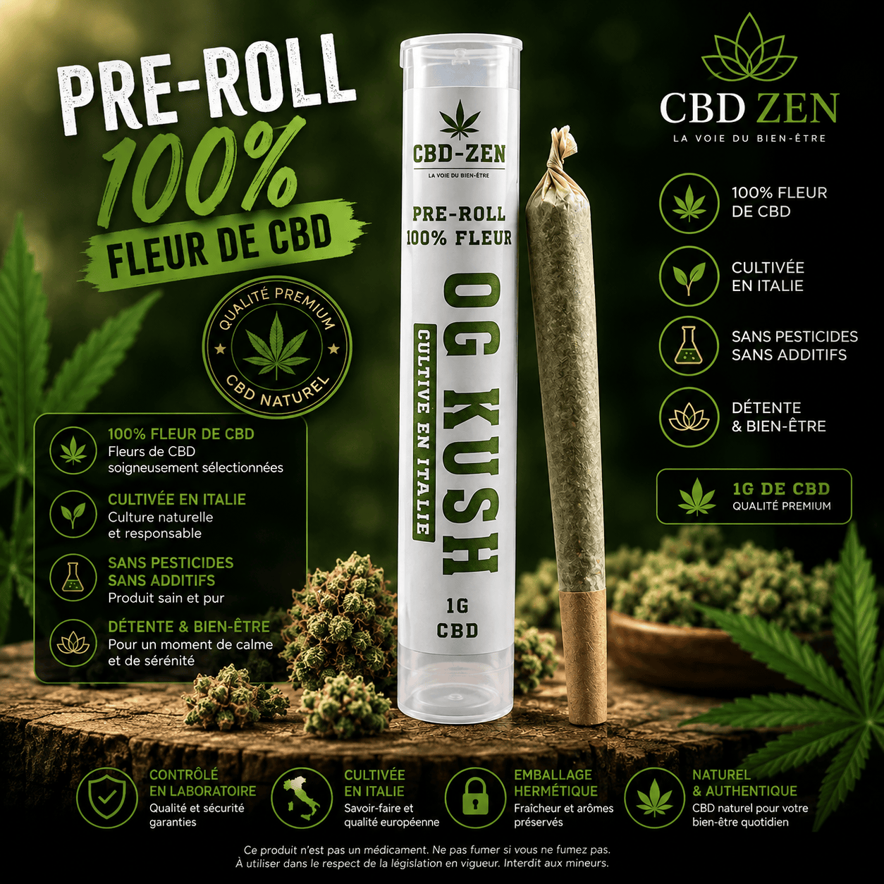 OG Kush Pre-Roll CBD 1 g en fleur CBD cultivée en Italie