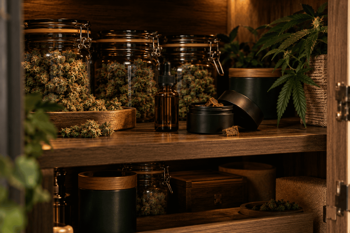 Comment ranger son CBD : fleurs, huile et résine conservées dans un placard sombre