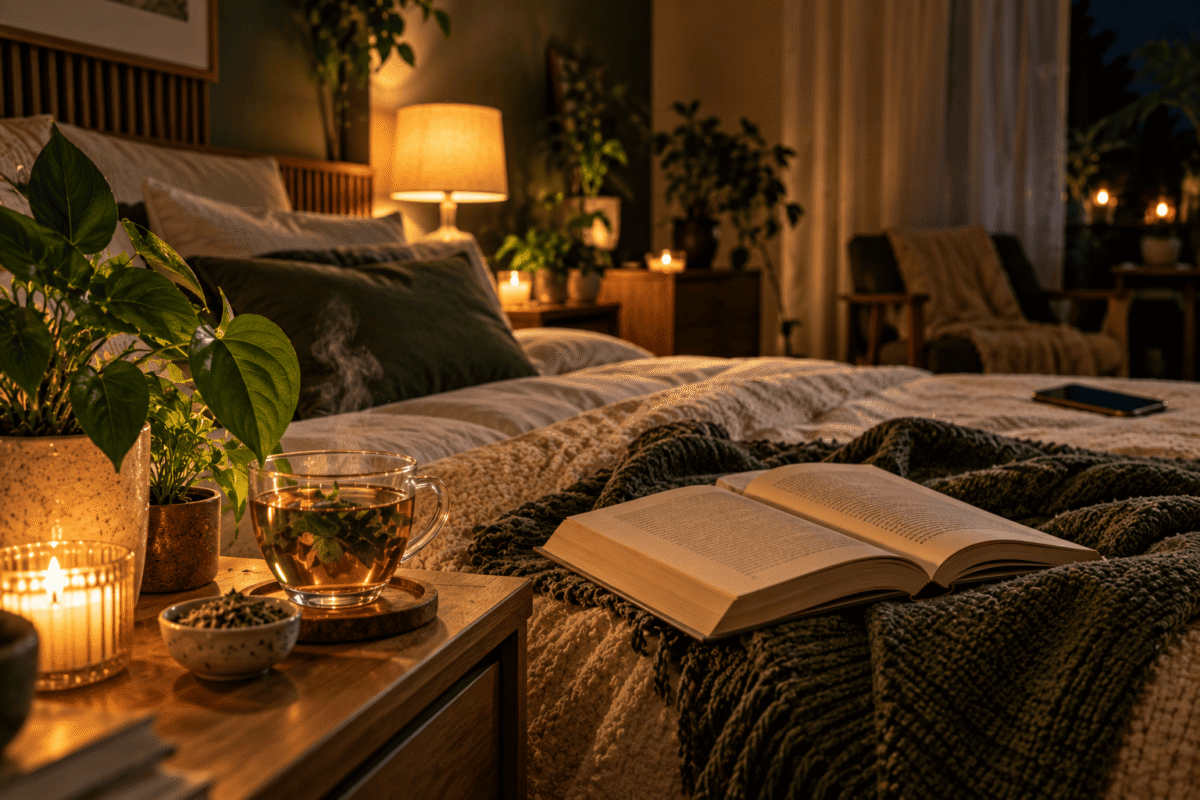 Routine du soir pour favoriser un environnement propice au sommeil avec livre, tisane et lumière douce