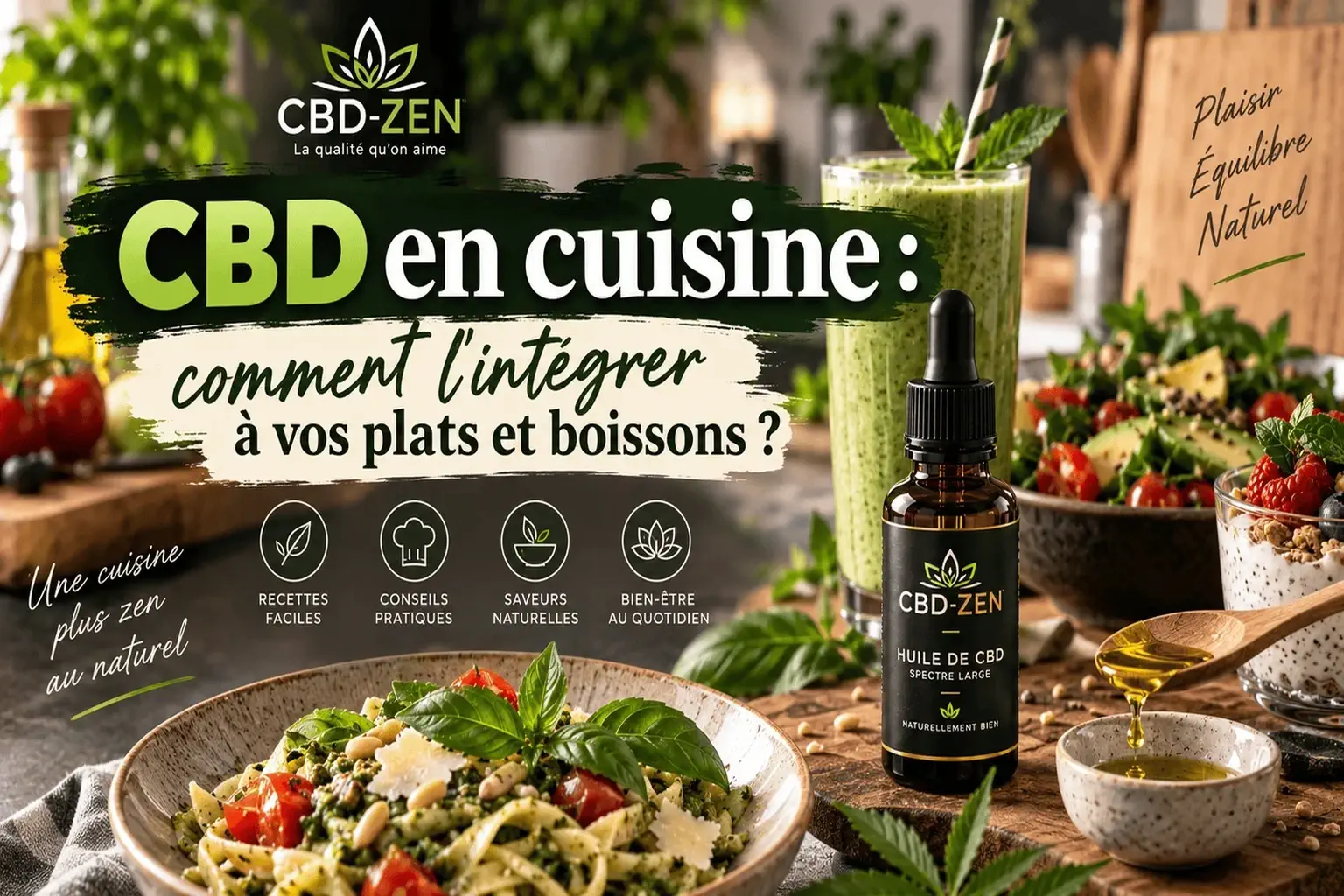 CBD en cuisine avec huile de CBD, plats et boissons