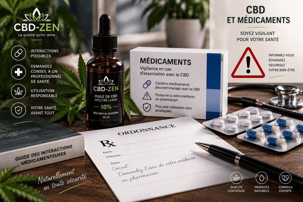 Huile de CBD avec médicaments et ordonnance illustrant les précautions liées aux interactions