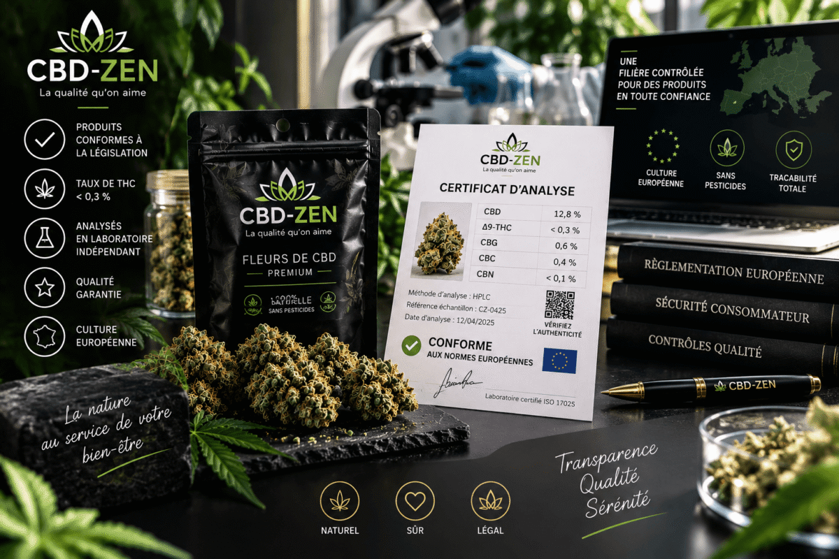Produit CBD avec certificat d'analyse et documents de conformité légale