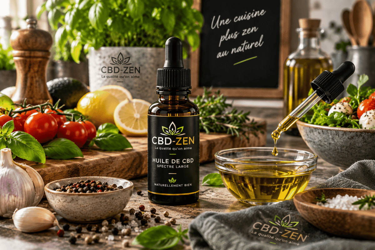 Huile de CBD entourée d'ingrédients frais pour une préparation culinaire