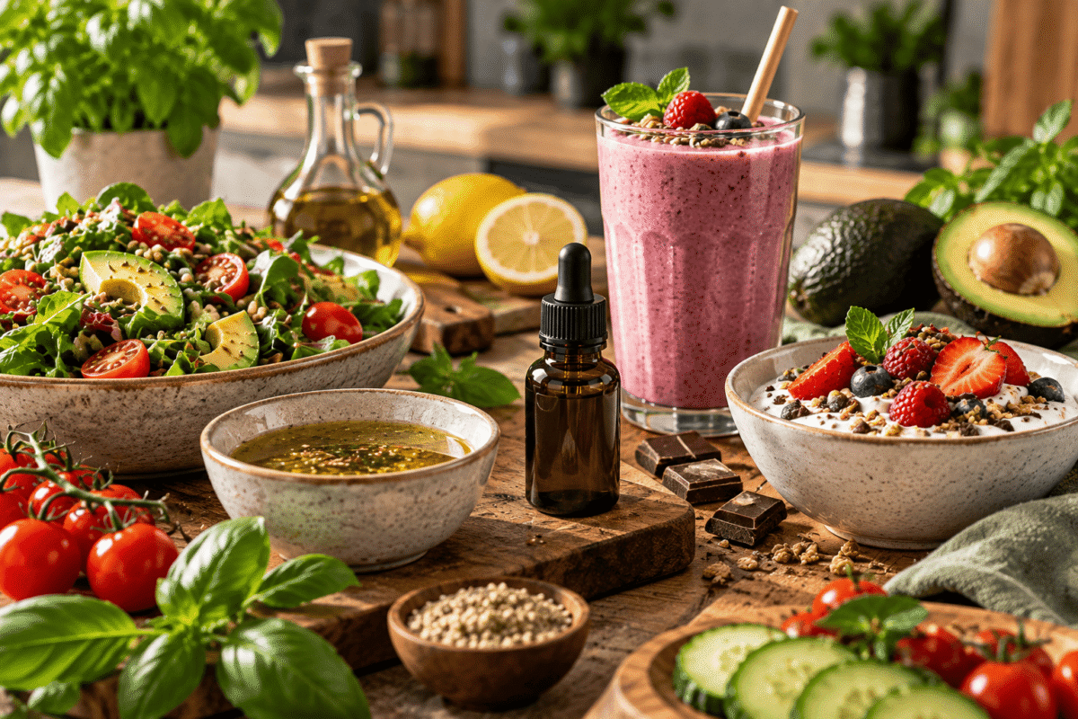 Vinaigrette, smoothie et dessert préparés avec du CBD