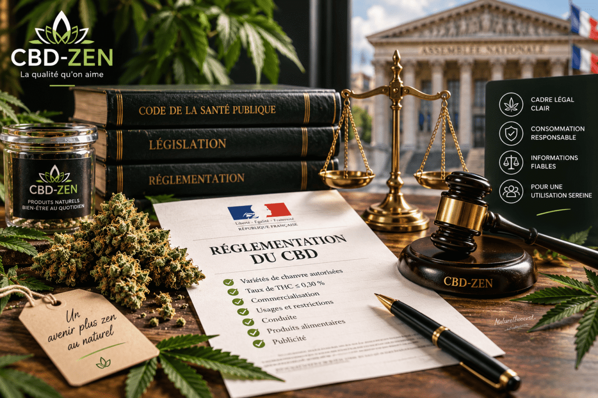 Illustration de la réglementation en France avec une fleur de chanvre et des symboles juridiques
