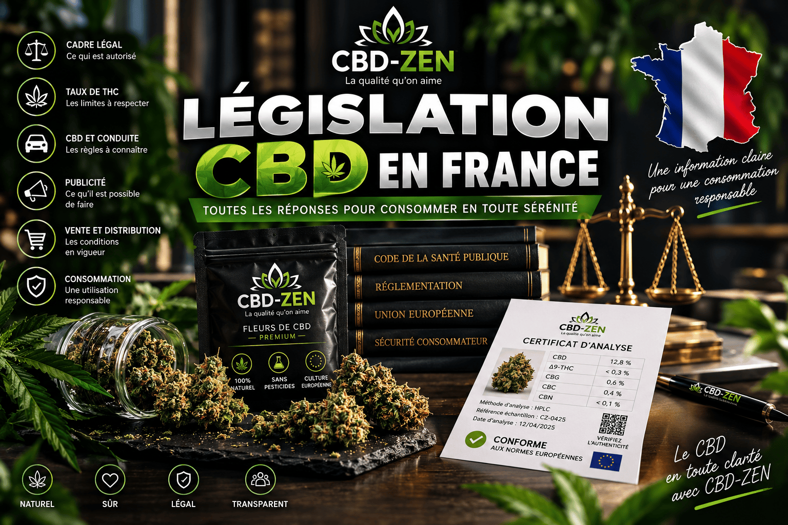 Guide des règles du CBD en France avec produits CBD et documents réglementaires