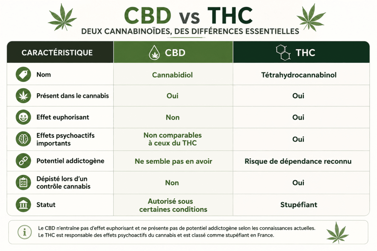 Tableau comparatif entre le CBD et le THC