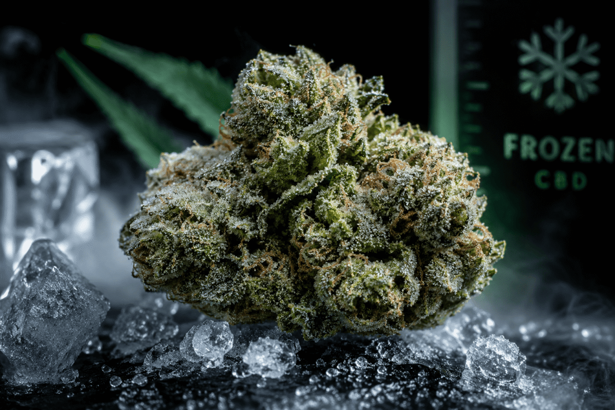 Fleur CBD Frozen entourée de givre et de cristaux de glace – procédé de congélation