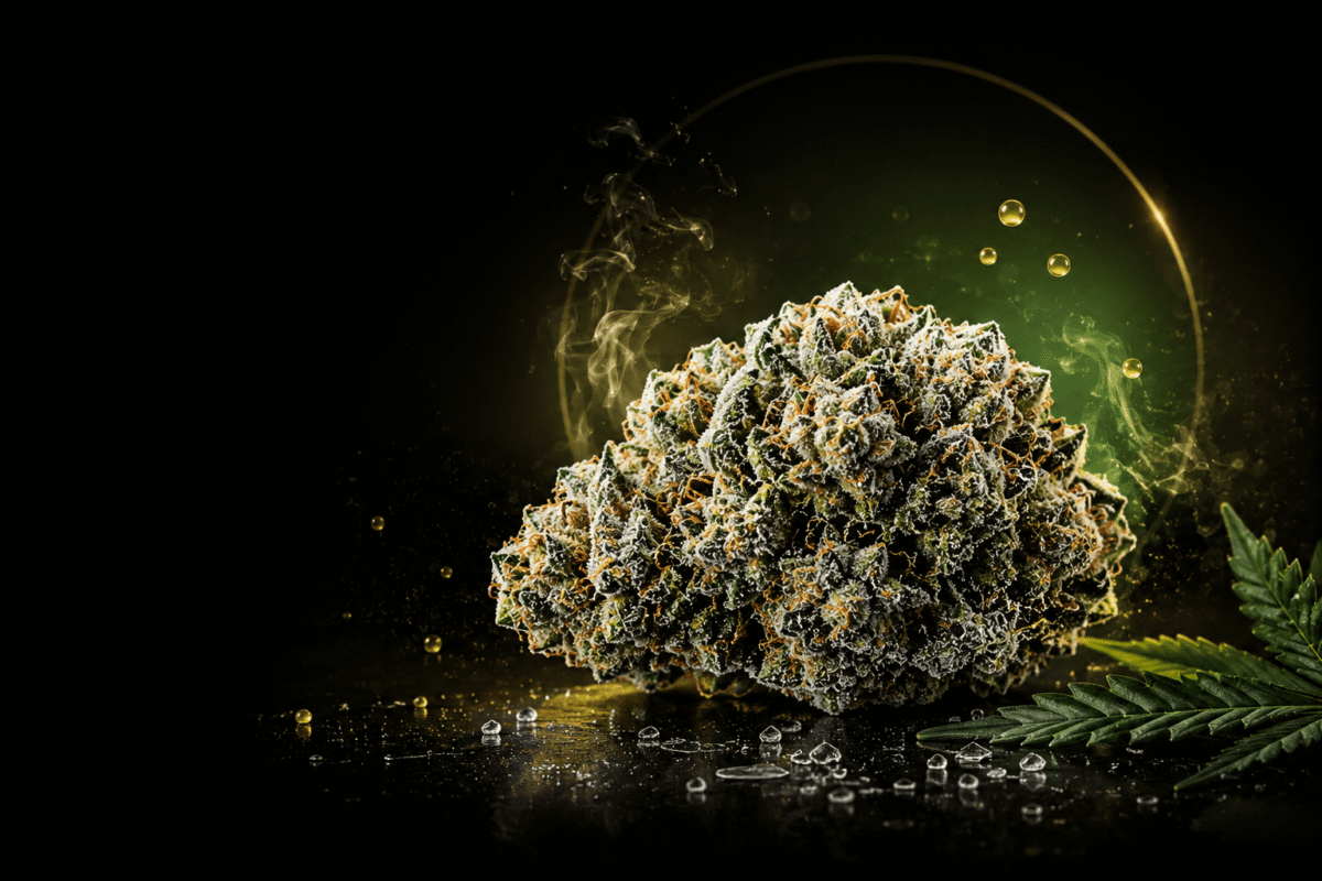 Fleur CBD avec cristaux de glace et ambiance fraîche