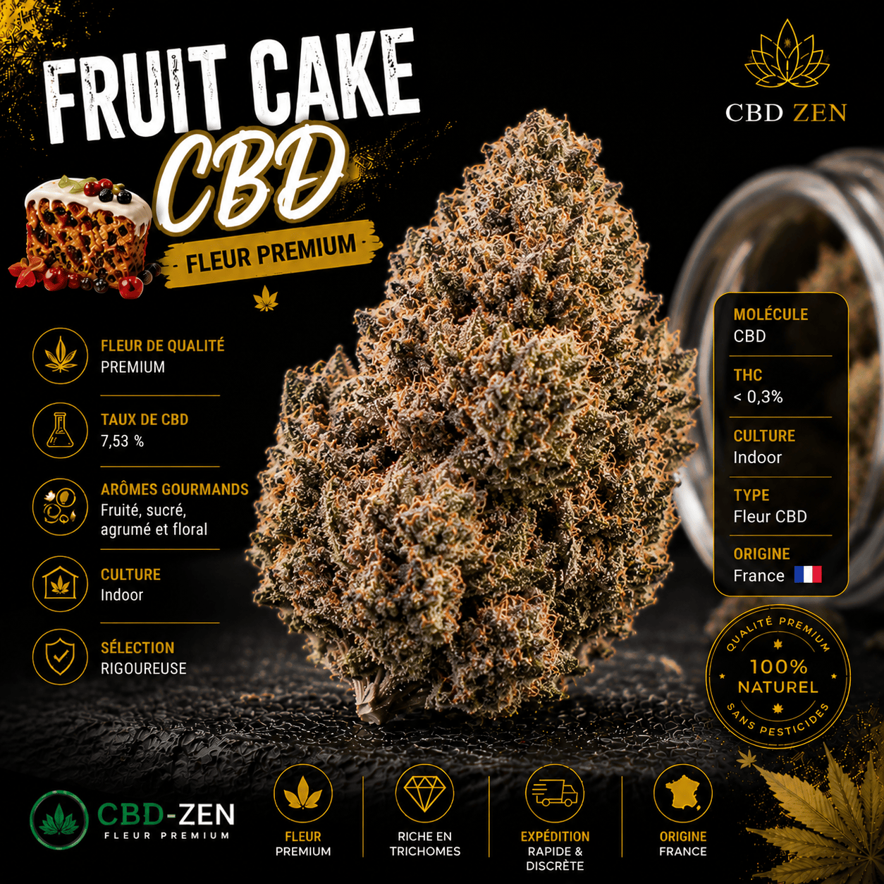 Fruit Cake CBD 7,53 % fleur premium aux arômes fruités et sucrés