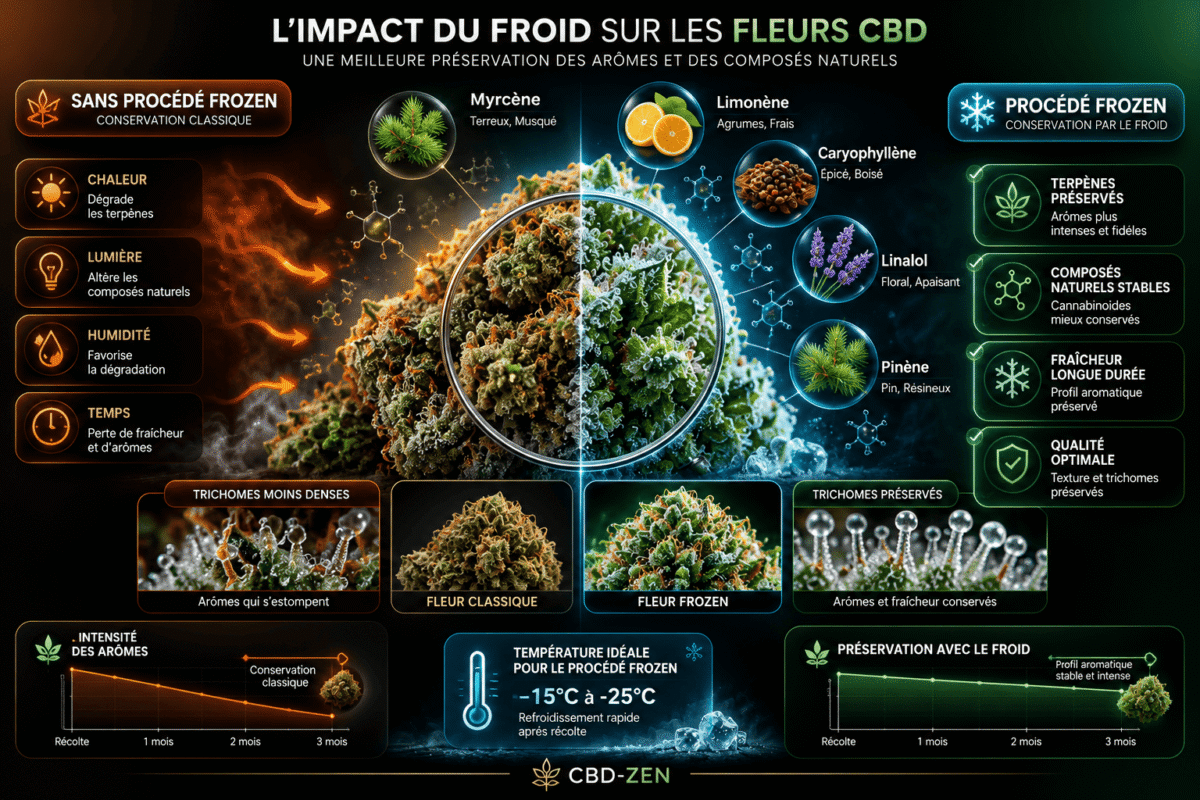 Infographie comparant la conservation classique et le procédé Frozen des fleurs CBD