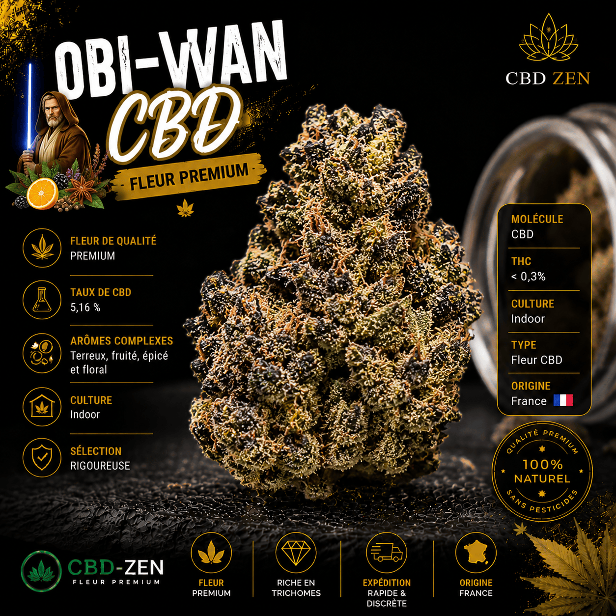 Obi-Wan CBD 5,16 % fleur premium aux arômes terreux, fruités, épicés et floraux