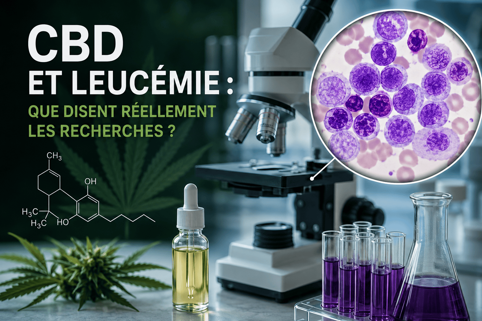 Recherche scientifique sur le CBD et la leucémie avec microscope et cellules leucémiques