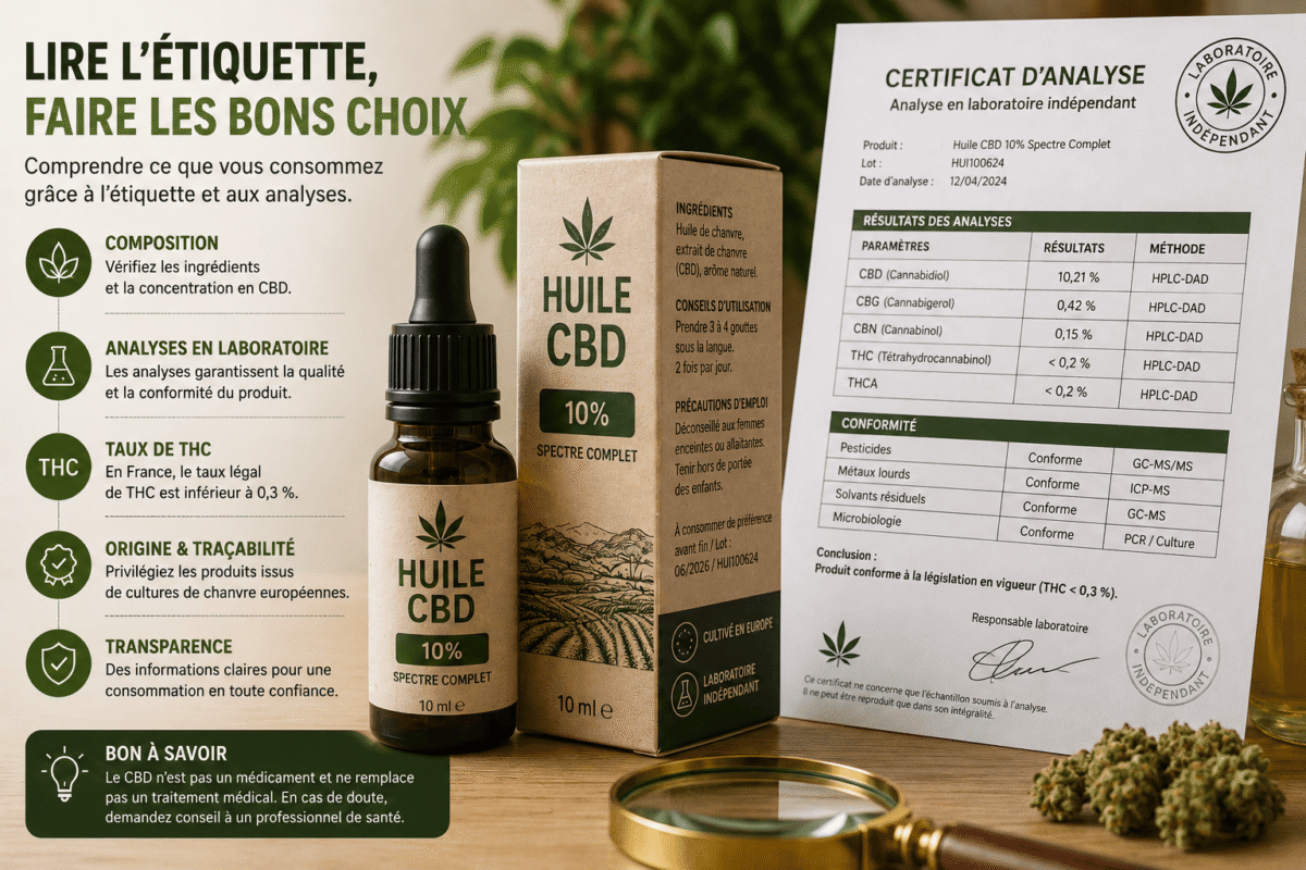Étiquette et analyse de laboratoire d’un produit CBD