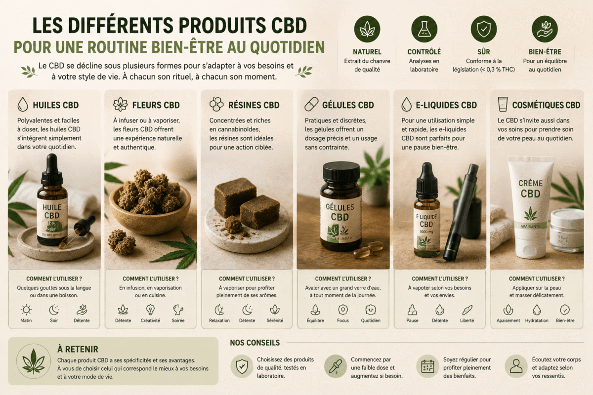 Différents produits CBD utilisés au quotidien