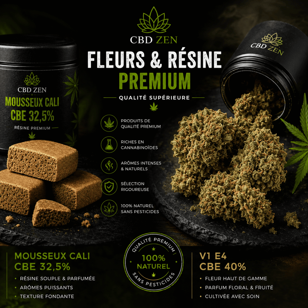 Fleurs et résine CBD-ZEN premium – Mousseux Cali CBE 32,5 % et V1 E4 CBE 40 %