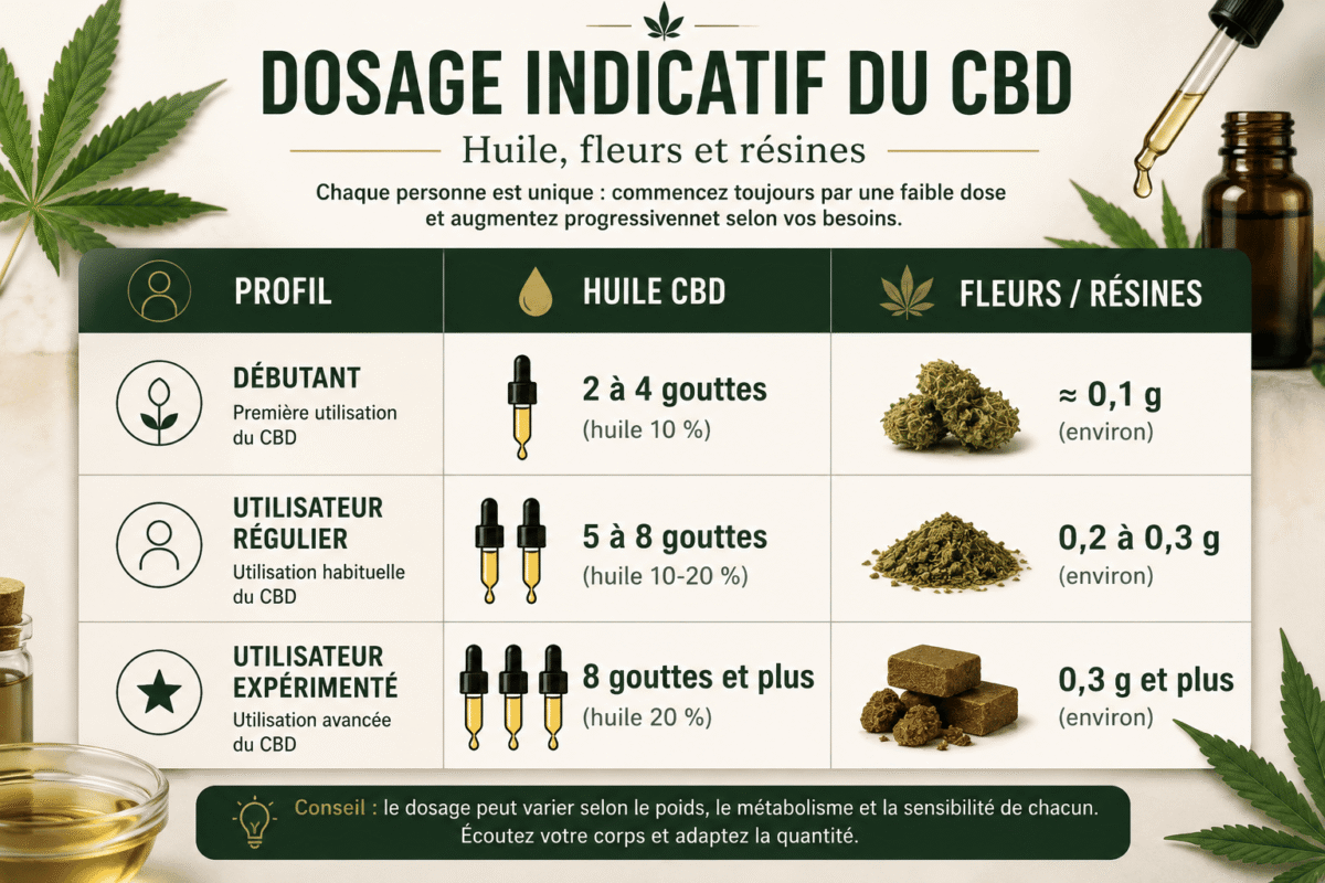 Tableau de dosage indicatif du CBD selon le profil et la forme du produit