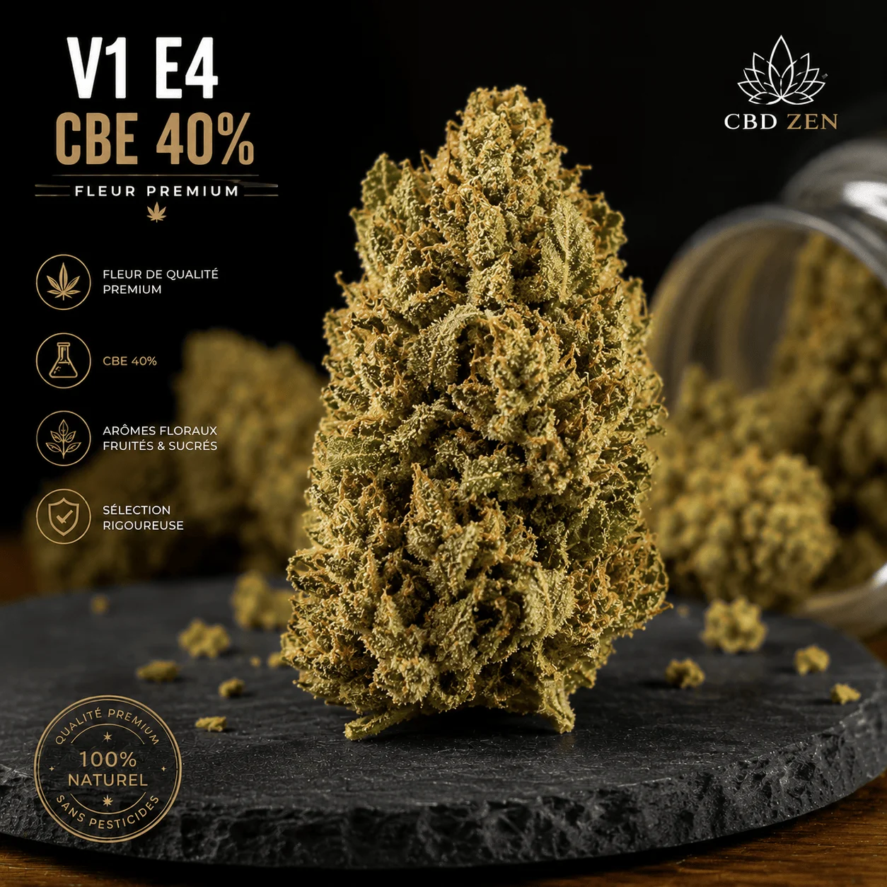 V1 E4 CBE 40 % fleur Greenhouse premium riche en résine