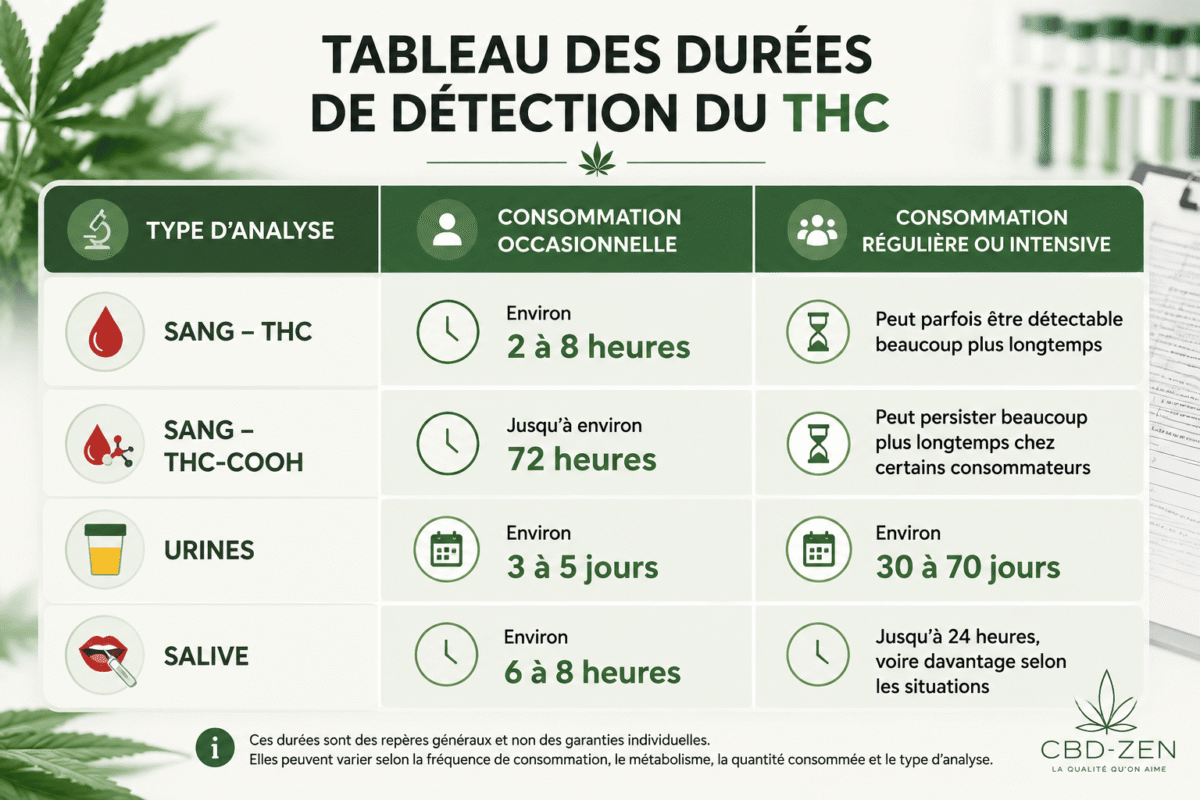 Tableau des durées de détection du THC dans le sang et les urines