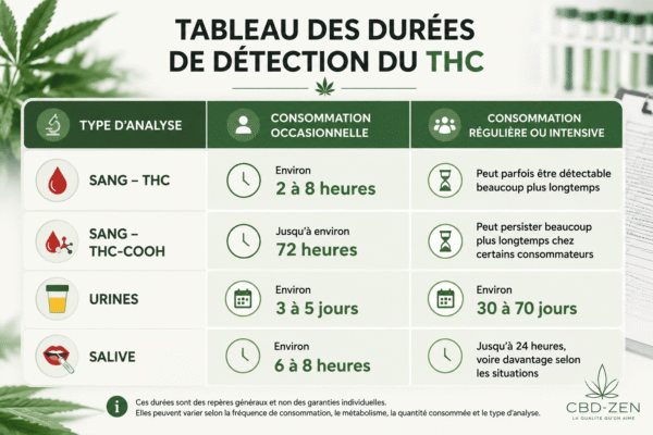 Tableau des durées de détection du THC dans le sang et les urines