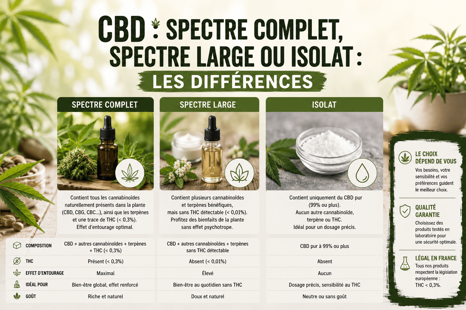 CBD spectre complet, spectre large et isolat