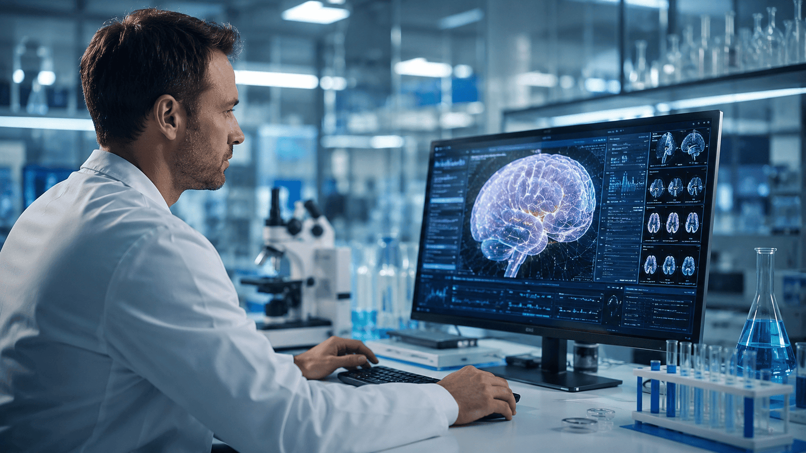Chercheur en neurosciences étudiant le cerveau dans le cadre de recherches.