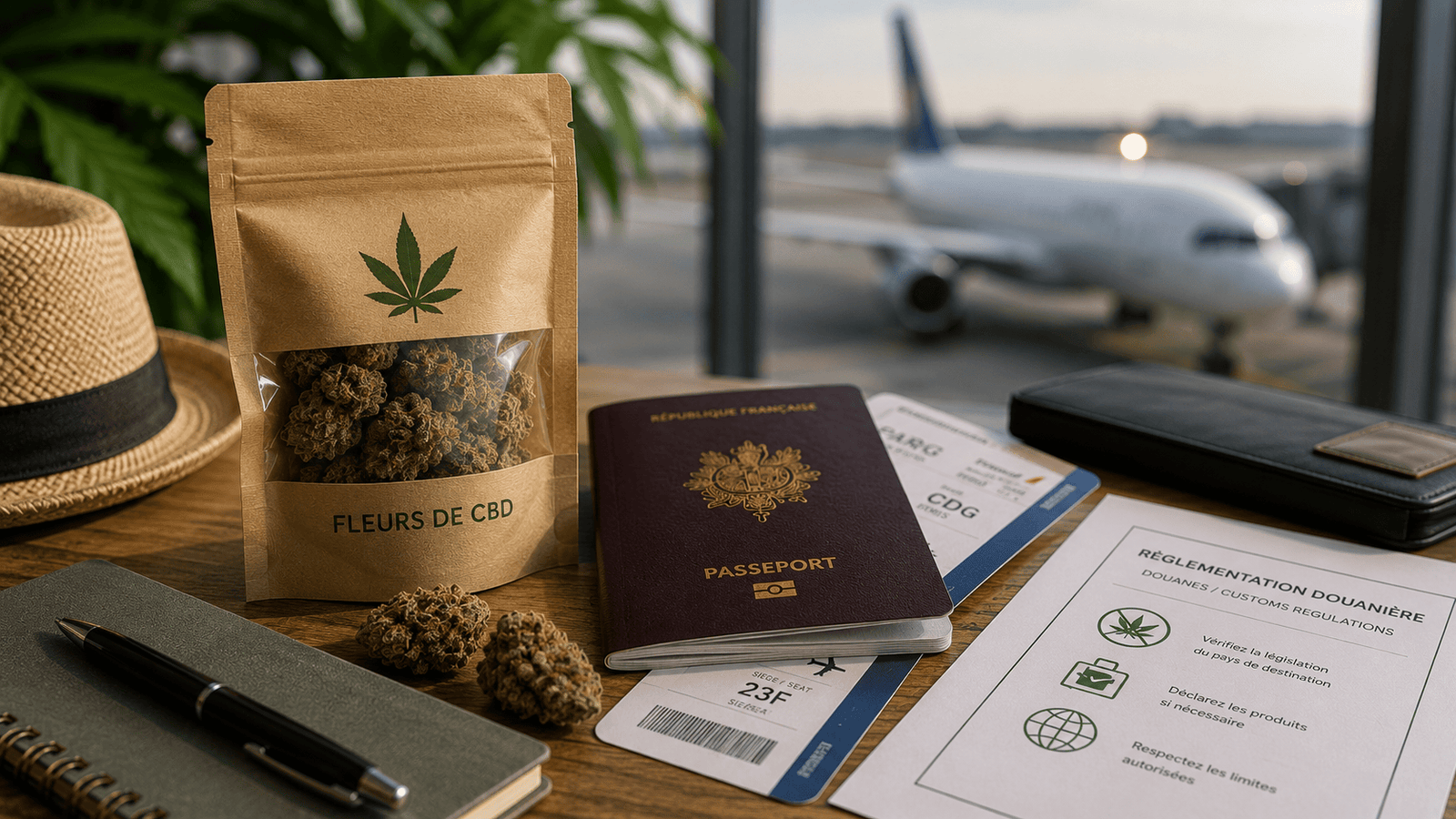 Fleurs de CBD et documents de voyage avant un départ en avion