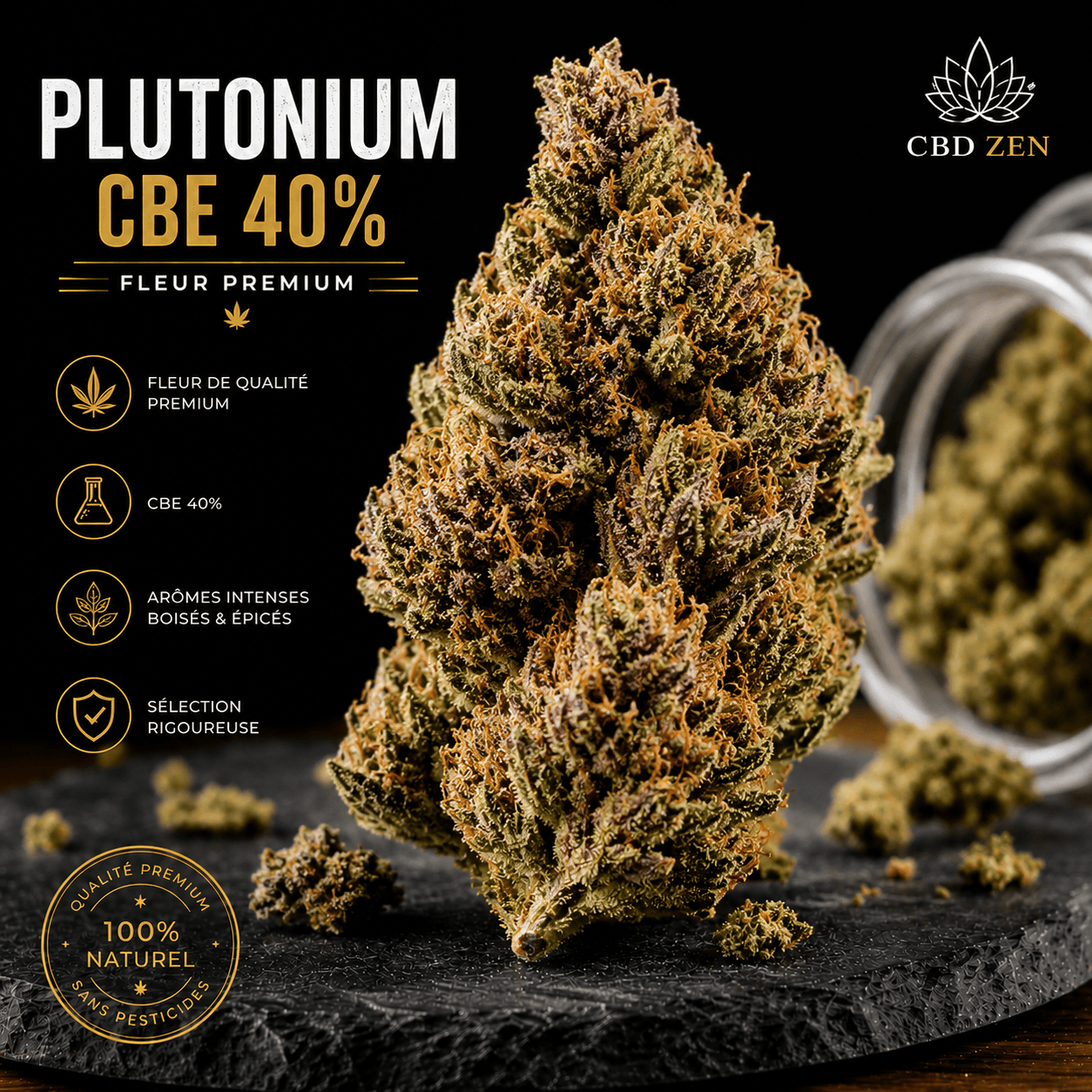 Plutonium CBE 40 % fleur molécule premium CBD-ZEN