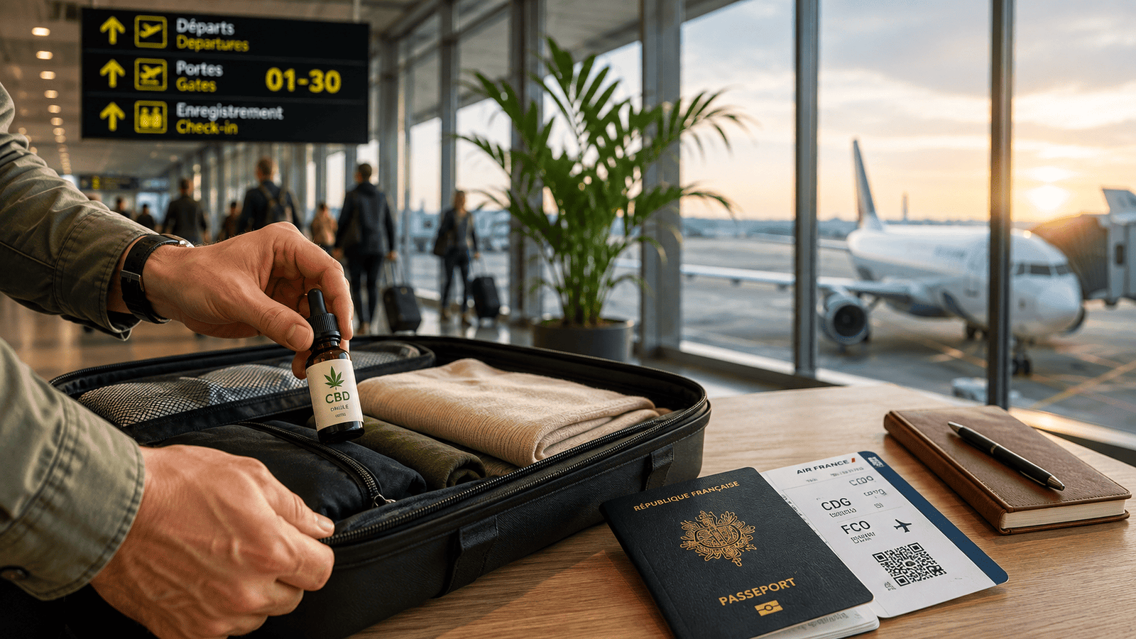 Voyageur préparant sa valise avec du CBD avant un départ en avion