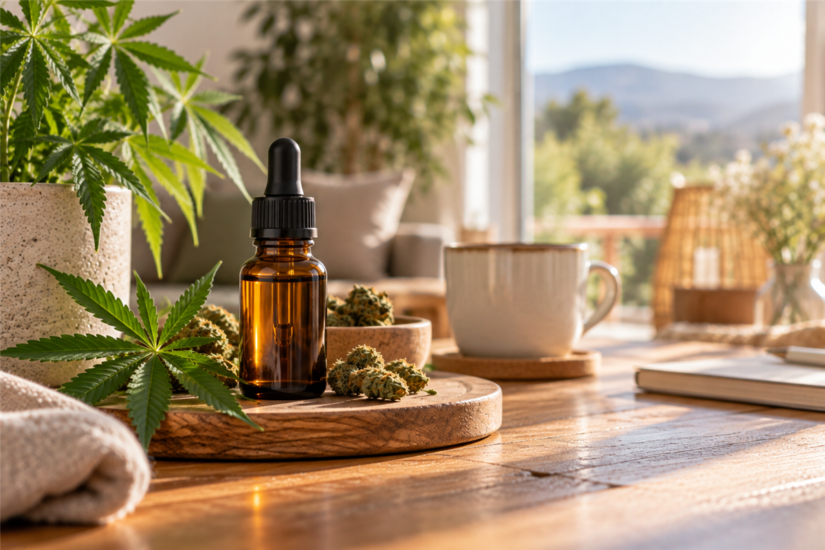 Flacon d'huile de CBD et fleurs de chanvre sur une table en bois, dans une ambiance calme et lumineuse du matin