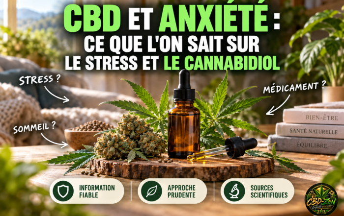Couverture illustrée de l'article CBD et anxiété avec un flacon d'huile de CBD, des fleurs de chanvre, des annotations stress/sommeil/médicament et le logo CBD-ZEN