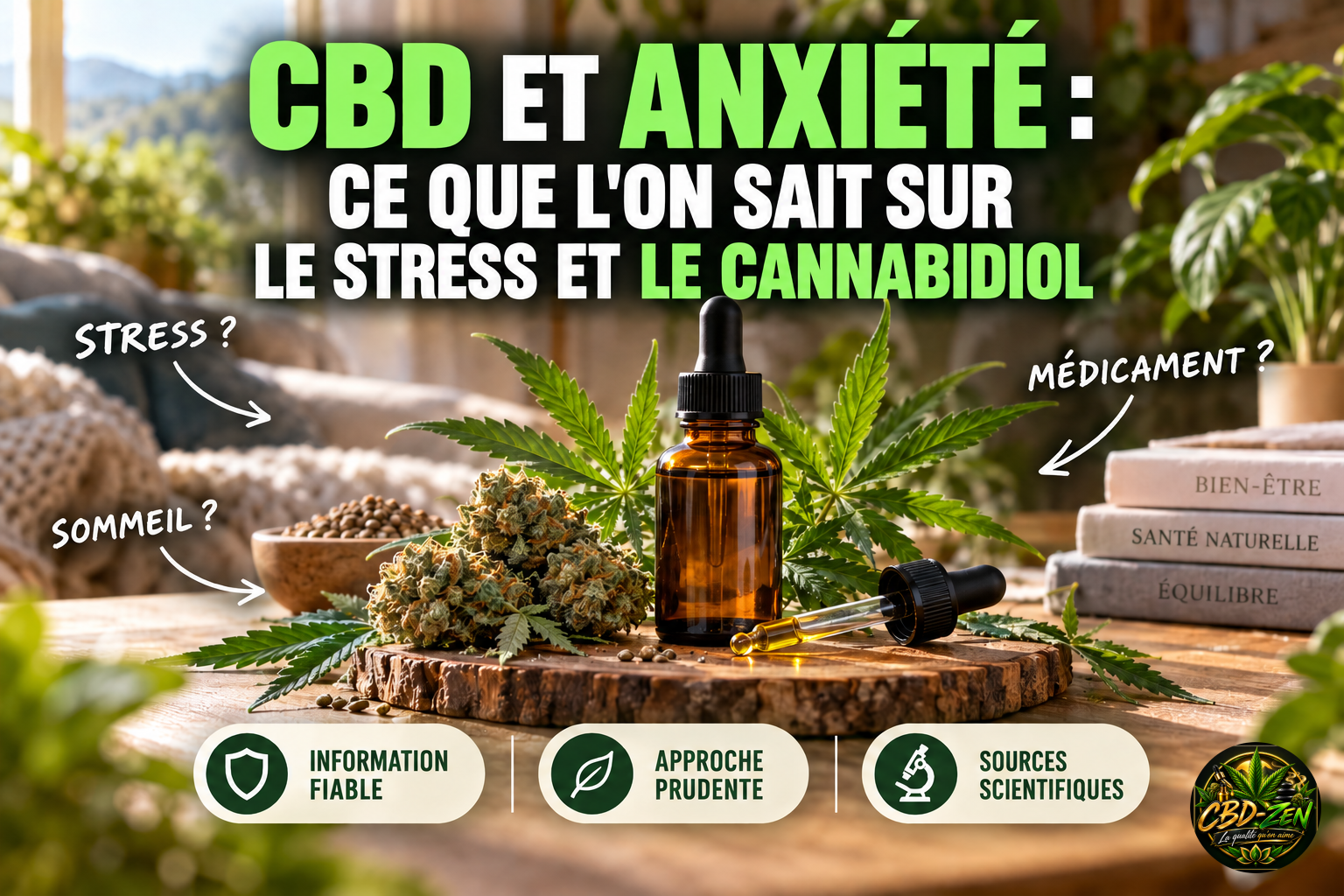 Couverture illustrée de l'article CBD et anxiété avec un flacon d'huile de CBD, des fleurs de chanvre, des annotations stress/sommeil/médicament et le logo CBD-ZEN