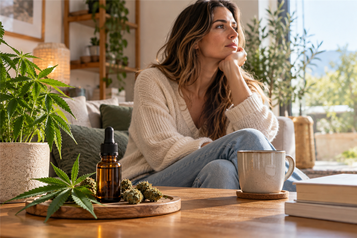 Femme assise dans un salon lumineux à côté d'un flacon d'huile de CBD et de fleurs de chanvre, dans une ambiance calme