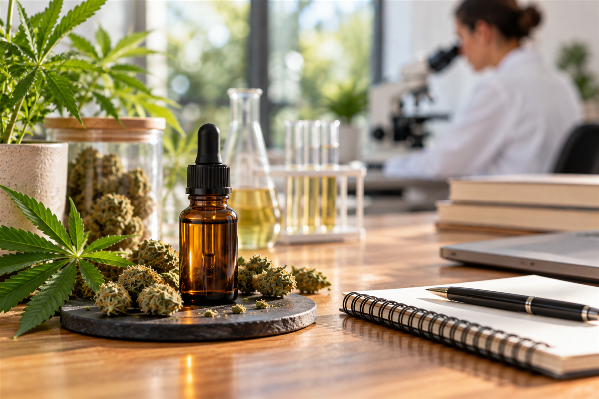 Flacon d'huile de CBD et fleurs de chanvre posés sur un bureau, avec un espace de laboratoire en arrière-plan, illustrant les recherches scientifiques sur le cannabidiol