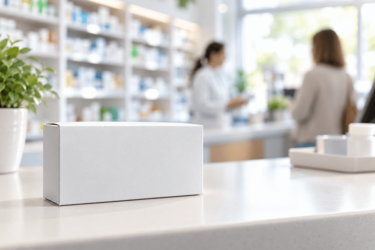 Comptoir de pharmacie avec une boîte de médicaments générique