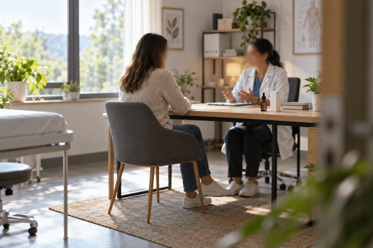 Patient discutant avec un professionnel de santé, avec un flacon de CBD et des médicaments génériques
