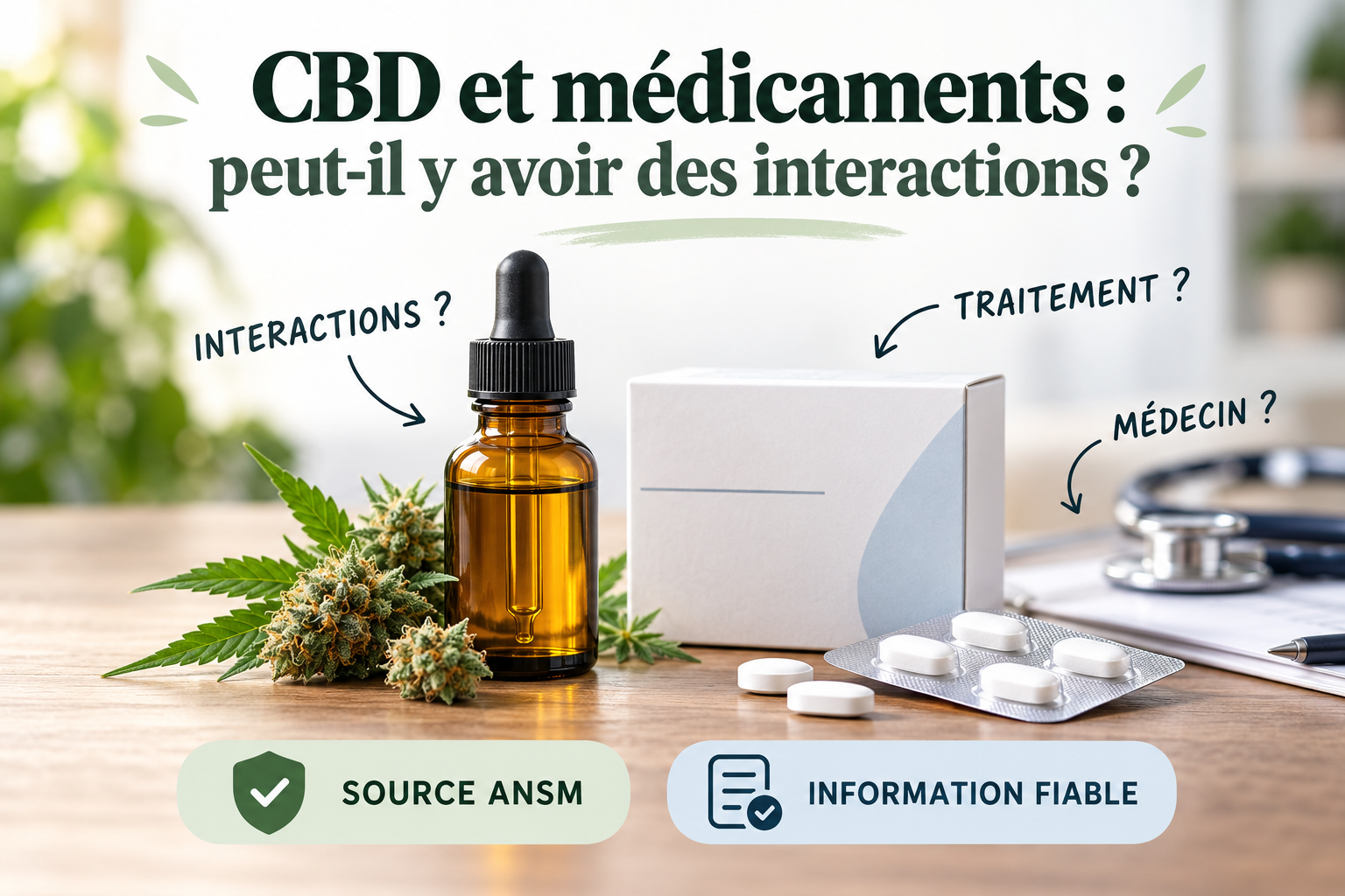 Flacon de CBD et boîte de médicaments générique, illustrant les interactions possibles