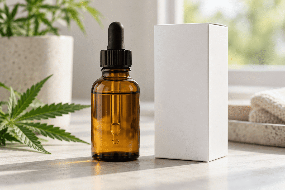 Flacon de CBD posé près d’une boîte de médicaments générique