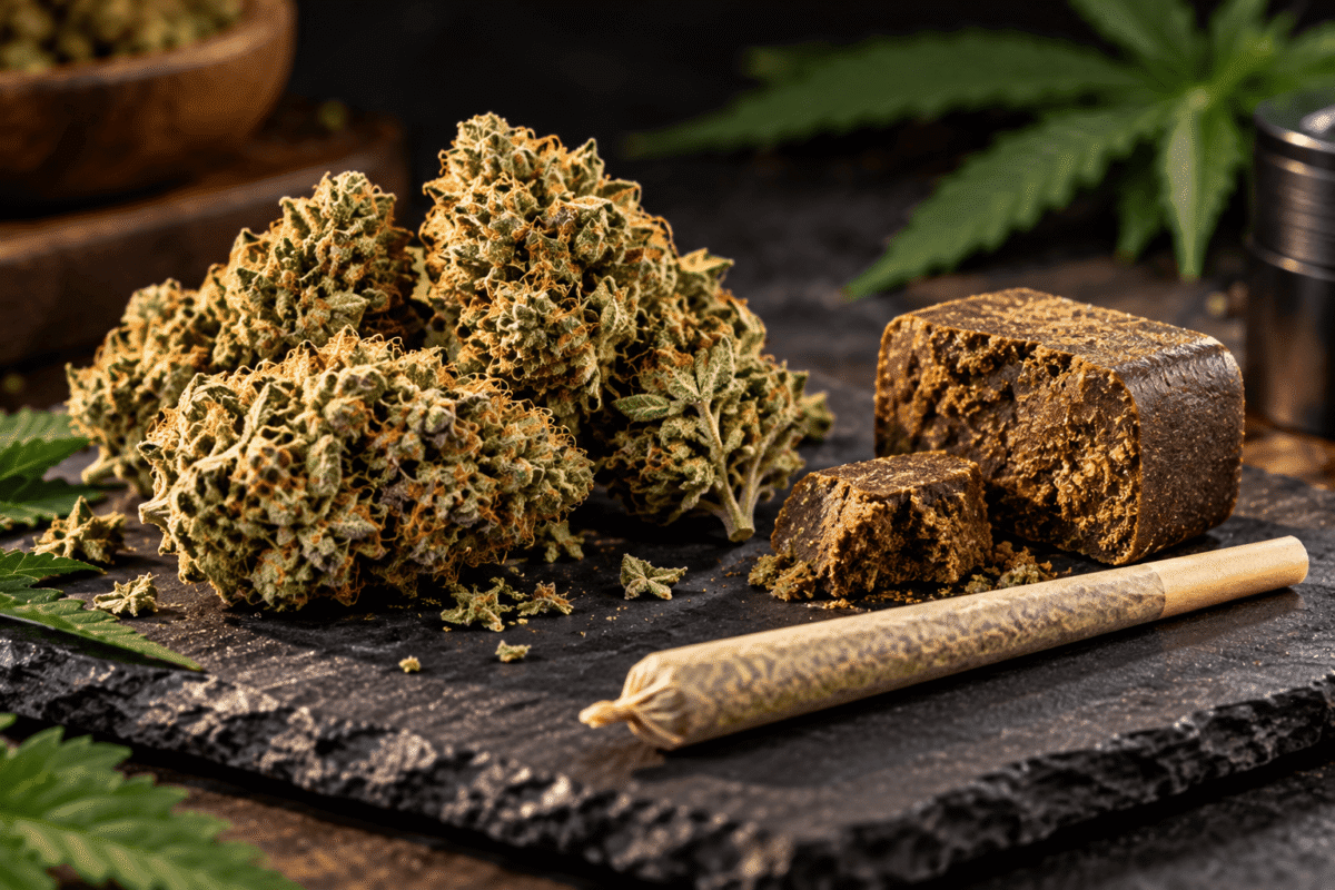 Comparaison visuelle entre fleurs, résine et pré-roll CBD