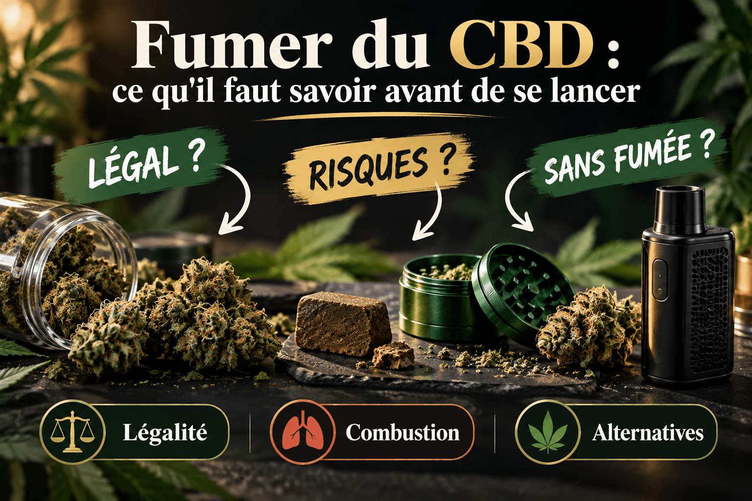 Fleurs de CBD, grinder et vaporisateur pour illustrer les alternatives à la combustion