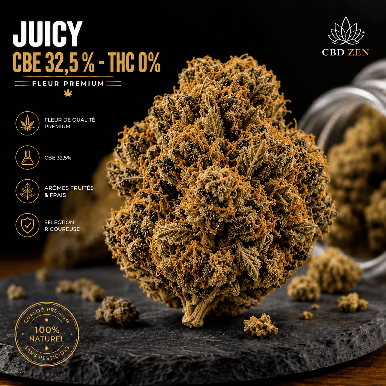 Fleur Juicy CBE 32,5 % avec 0 % de THC, aux arômes fruités et frais.