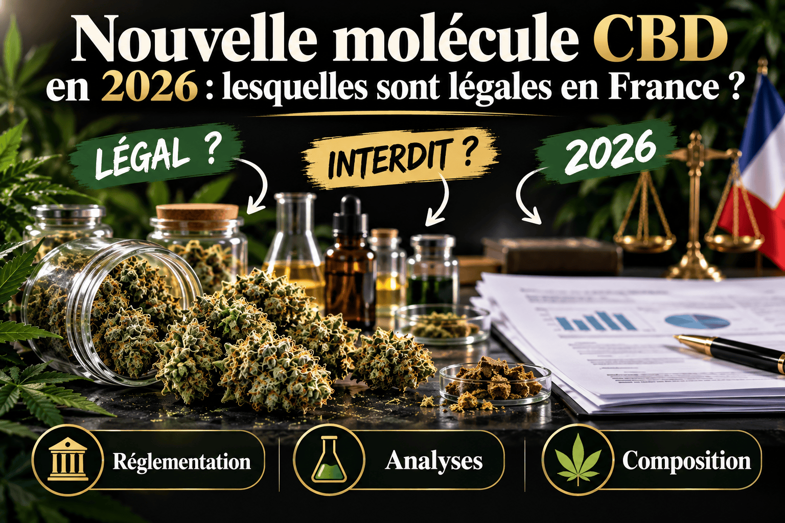 Fleurs de chanvre et documents illustrant la réglementation des nouvelles molécules CBD en France