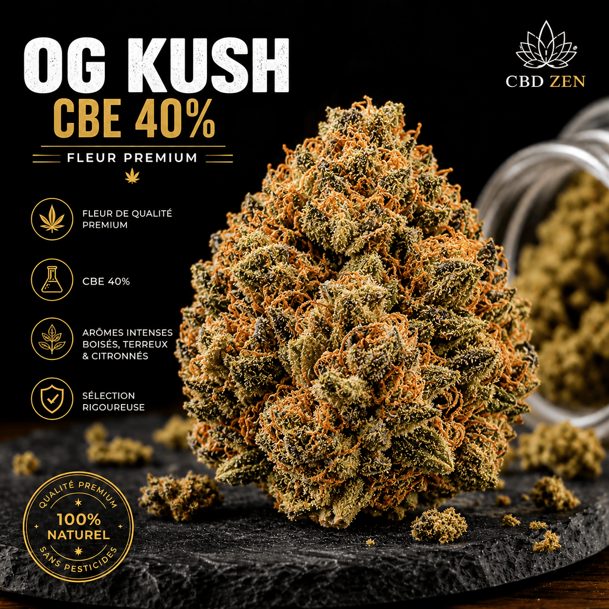 OG Kush CBE 40 % - Fleur premium aux arômes boisés et terreux - CBD-ZEN